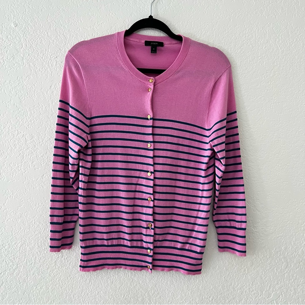 J. Crew Pink Teal Striped Gold‎ Button Cotton Blend Cardigan Women’s Size Medium